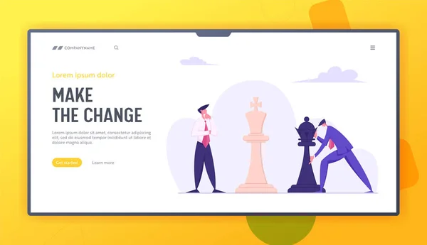 Business man het maken van strategische Chess move met zwarte King stuk tegen witte zelfverzekerde tegenstander. Tactiek en strategische spel website landing page, webpagina. Cartoon platte vector illustratie, banner — Stockvector