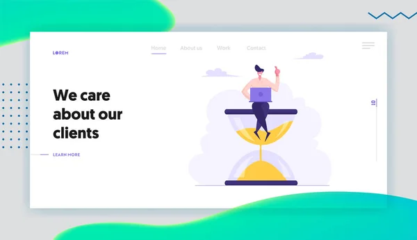 手にラップトップを持つ砂時計の上に座っているビジネスマン。ビジネスプロセス、時間管理、先延ばし、マルチタスク、ウェブサイトランディングページ、Webページ。漫画フラットベクトルイラスト、バナー — ストックベクタ