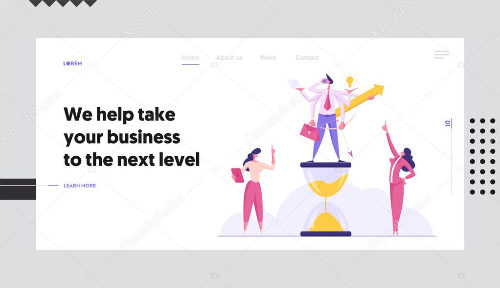 Productive Businessman with Six Hands Doing Several Actions Stand on Hourglass, Time Management Multitasking Efficient Deadline Website Landing Page, Web Page. Cartoon Flat Vector Illustration, Banner