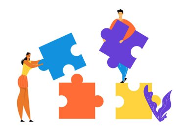 Ofis insanlar birlikte büyük renkli ayrılmış bulmaca parçaları kurma çalışır. İşadamları Coworking Place Teamwork, İşbirliği, Kolektif Çalışma, Ortaklık Karikatür Düz Vektör İllüstrasyon