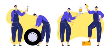 Mavi Üniforma Servis İstasyonu Personel Seti Erkekler. Aletler ile Oto Servis Mekaniği Karakterler. Teşhis ve Araba Tamiri. Otomatik Kontrol, Bakım ve Sabitleme. Karikatür Düz Vektör İllüstrasyon