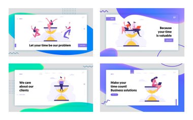 Zaman Yönetimi Kavramı Web Sitesi Açılış Sayfa Seti, Erteleme, Multitasking, Çalışma Verimlilik Infographics. İş Adamları ve Kum Saati Web Sayfası. Karikatür Düz Vektör İllüstrasyon, Afiş