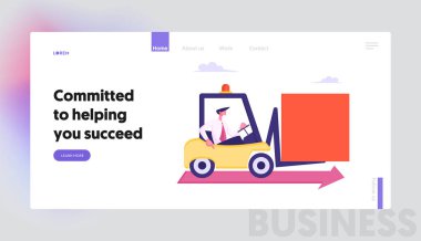 İş Adamı Karakter Sürücü Forklift Loader Büyük Kare Rakam Katta Kırmızı Ok boyunca Sürme ile. Meydan Okuma, Görev Çözümü, Web Sitesi Açılış Sayfası, Web Sayfası. Karikatür Düz Vektör İllüstrasyon, Afiş