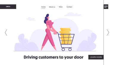 İş Kadını Push Alışveriş Arabası Altın Kazık Dolar Sikke, Vergi ve Kredi Ödeme, Vergilendirme, Mali Başarı, Gelir, Web Sitesi Açılış Sayfası, Web Sayfası ile. Karikatür Düz Vektör İllüstrasyon, Afiş