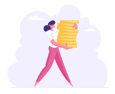 Başarılı İş Kadını Altın Sikke Yığını, Para Nakit ile Karakter Carry. Zengin İşkadını Tasarruf Yapma, Finansal Kar Maaş Servet, Artan Sermaye. Karikatür Düz Vektör İllüstrasyon