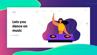 Genç Neşeli Kız Dj Night Disco Club Party Midi Denetleyici müzik Remixing. Müzik Yaşam Tarzı, Nightlife Eğlence Web Sitesi Açılış Sayfası, Web Sayfası. Karikatür Düz Vektör İllüstrasyon, Afiş