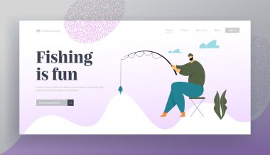 Rod ile Sandalyede Oturan Balıkçı İyi Catch var. Göl de ya da nehirde balık avlamak. Rahatlatıcı Yaz Hobi, Tatil Leisure, Web Sitesi Açılış Sayfası, Web Sayfası. Karikatür Düz Vektör İllüstrasyon, Afiş