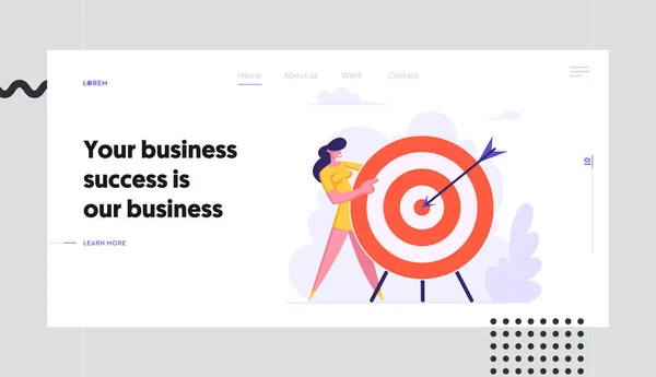 Businesswoman Holding enorme obiettivo con Freccia nel centro, Obiettivi di business Realizzazione, Obiettivi, Sfida, Soluzione, Business Strategy Sito web Landing Page, Web Page Cartoon Flat Vector Illustrazione, Banner — Vettoriale Stock