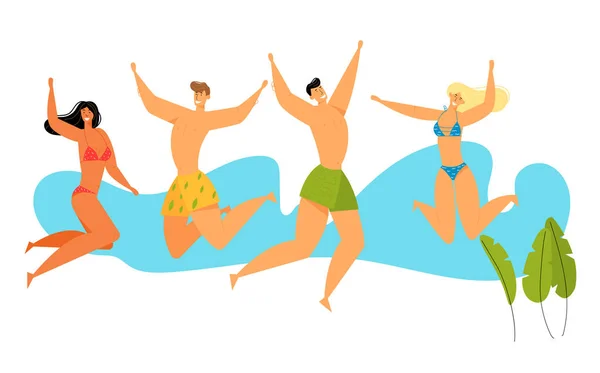 Strandfeest viering. Groep van gelukkige jonge mensen personages in zwemmen slijtage springen met handen omhoog, zomer vakantie, leuke man en vrouw verheugen buitenactiviteit. Cartoon platte vector illustratie — Stockvector