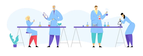 Scheikunde wetenschappers, professionele mensen personages chemici of artsen onderzoek medisch experiment in wetenschappelijk laboratorium met hedendaagse apparatuur, onderzoekers. Cartoon platte vector illustratie — Stockvector