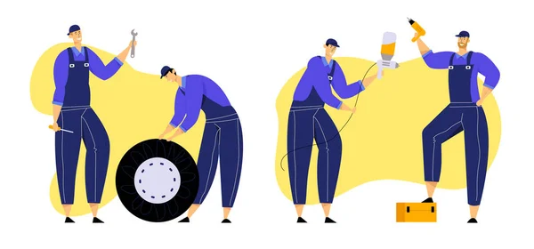 Män i Blue Uniform service Stations personal uppsättning. Auto Servicemekanik tecken med instrument. Diagnostik och bilreparationer. Automatisk kontroll, underhåll och fixering. Tecknad platt vektor illustration — Stock vektor