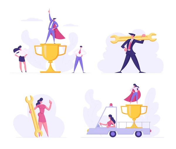 Personajes de gente de negocios con llaves doradas. Liderazgo de hombres y mujeres, solución empresarial, éxito financiero, soporte técnico, trabajo en equipo, gerentes de superhéroes. Dibujos animados plana Vector Ilustración — Archivo Imágenes Vectoriales