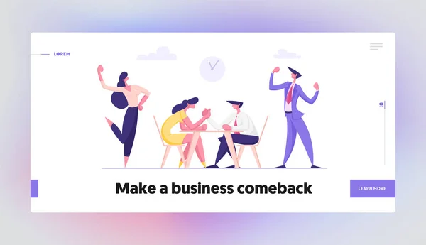 Business People Armwrestling con il tifo del gruppo di supporto. Lotta tra uomini e donne. Business Competition, Challenge, Leadership Pagina iniziale del sito Web, Pagina Web. Illustrazione vettoriale piatta del fumetto, bandiera — Vettoriale Stock