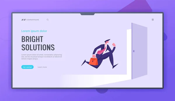 Business Man Running into Open Door Entrance, Businessman New Opportunity, Way, Career Growth, Right Solution, Future Concept Website Landing Page, Web Page (dalam bahasa Inggris). Ilustrasi Vektor Flat Kartun, Banner - Stok Vektor