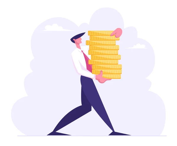 Exitoso hombre de negocios llevar pila de monedas de oro, personaje con dinero en efectivo. Concepto de riqueza salarial de beneficios financieros. Hombre de negocios rico que ahorra capital creciente Dibujos animados Vector plano Ilustración — Vector de stock