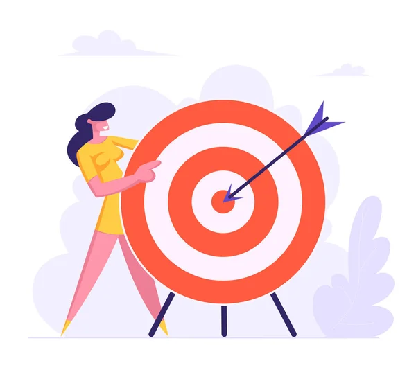 Businesswoman Holding Huge Target with Arrow in Center, Business Goals Achievement, Aims, Mission, Opportunity and Challenge, Task Solution, Business Strategy Concept. Cartoon Flat Vector Illustration