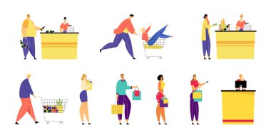 Müşteriler Alışveriş Kağıt Poşetleri ve Alışveriş Kredi Kartları için Ödeme Kasiyer Masası'nda Trolley Mal ile Süpermarket ve Bakkal Kuyrukta Standı. Satış, Tüketicilik. Karikatür Düz Vektör İllüstrasyon