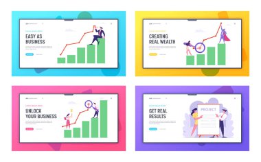 İş Sunumu, Pazarlama Çözümü Geliştirme Web Sitesi Açılış Sayfası Seti, Yeni Proje Fikri Yapan Çalışanlar, Veri Analizi Ok Grafiği, Web Sayfası, Karikatür Düz Vektör İllüstrasyonu, Banner