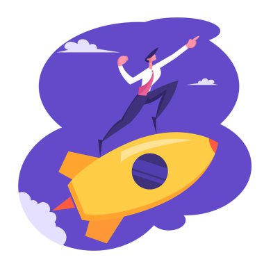 Yaratıcı Başlangıç Roket Fırlatma. Business Man Karakter Fly On Space Ship Point Direction Hand Start Başarılı Proje Geliştirme İnovasyon Teknolojisi Kavramı ile. Karikatür Düz Vektör İllüstrasyon