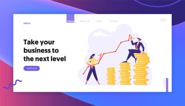 Finans Başarı, Para Servet Büyüyen Kavramı, İş Adamları Altın Sikke Yığınları üzerinde Kırık Eğri Çizgi Çizim, Kar Web Sitesi Açılış Sayfası Seti, Web Sayfası. Karikatür Düz Vektör İllüstrasyon, Afiş