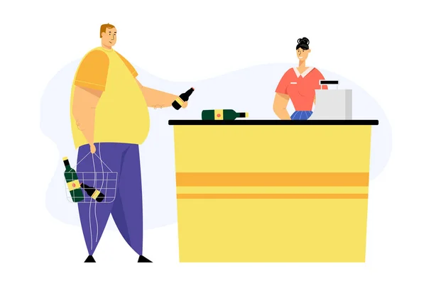 Customer Male Character with Alcohol Bottles in Shopping Basket Pay for Purchases on Cashier Desk with Shop Assistant Scanning Products. Man Visit Grocery, Supermarket Cartoon Flat Vector Illustration