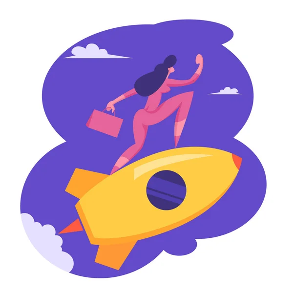 Startup Innovation Technology concept. Nieuw bedrijfs project, creatief personage, kantoormedewerker vrouw rijdt Rocket in de lucht. Beheer en ontwikkeling, doel prestatie cartoon platte vector illustratie — Stockvector