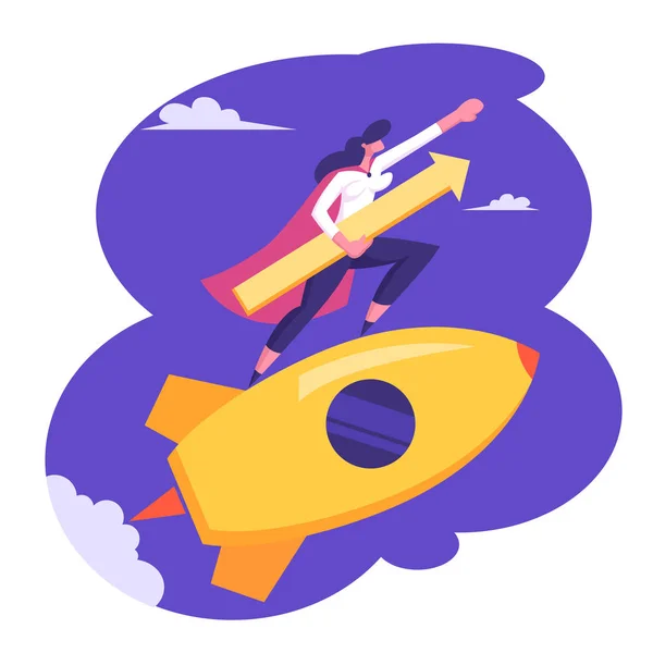Startup concept met Happy Superhero zakenman personage vliegen op raket in de lucht met pijl oksel. Business vrouw lanceert nieuw project succesvol opstarten. Cartoon platte vector illustratie — Stockvector