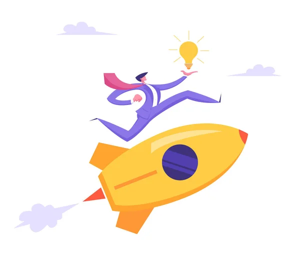 Start up idee concept. Business project met Rocket en zakenman karakter lopen met gloeilamp in de hand. Nieuwe lancering van producten of diensten, doel prestatie, inzicht. Cartoon platte vector illustratie — Stockvector