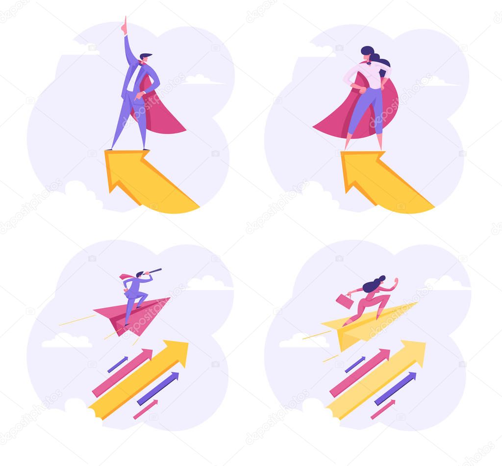Superhero Businesspeople Characters Flying with Arrow Up in Sky. Perspective Vision, Business Leadership, Development, Businesspeople in Red Cloaks Moving Forward, Cartoon Flat Vector Illustration