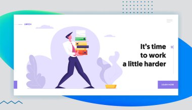 Adam Belgelerin Büyük Biftek Taşır. İşadamı, İşYerinde Ofis Çalışan Karakter Aşırı Yükleme, Çok Yoğun Gün, İşyeri Web Sitesi Açılış Sayfası, Web Sayfası Müdürü. Karikatür Düz Vektör İllüstrasyon, Afiş