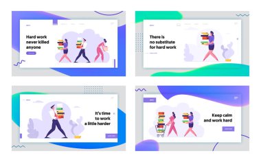 İş Yerinde Çalışanlar, Web Sitesi Açılış Sayfa Seti, İş Adamı ve Kadın Büyük Bir Yığın Belge Taşırlar. Gişe, Web Sayfası Bırakarak Ile Üzgün İşKadını Kovuldu. Karikatür Düz Vektör İllüstrasyon, Afiş