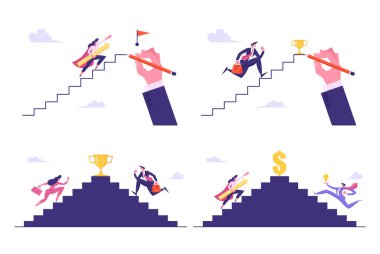 Liderlik, Başarı, Challenge Seti, İş Adamları Ödül Almak İçin Merdivenin Tepesine Koşuyor, İş adamları Hedefe Ulaşmak İçin Üst Kata Tırmanıyor, Rekabet. Karikatür Düz Vektör İllüstrasyon, Afiş