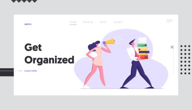 İşkadını Megafonla Bağırıyor Ofis Çalışanı Büyük Belge Yığınları Taşıyor Klasörler. Son Tarih, İş ile İşçi, Web Sitesi Açılış Sayfası, Web Sayfası. Karikatür Düz Vektör İllüstrasyon, Afiş