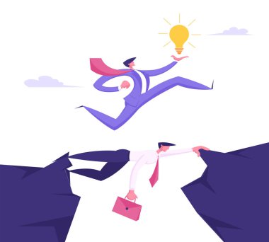 İşadamı Meslektaşı, Yaratıcı Fikir, Challenge, Yeni Fırsat, Başarı Kavramı Karikatür Düz Vektör İllüstrasyon Başkanı Üzerinde Çalışan Elinde Parlayan Ampul ile Resmi Takım İş Adamı