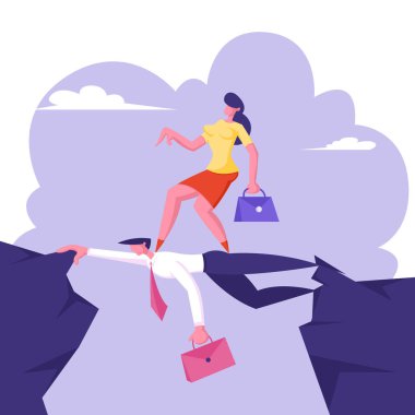 İş Kadını Köprü, Challenge, Sosyal Dağcı, Kariyerci Reach Goal, İş Kadını, Kız Yöneticisi Walk over Heads Cartoon Flat Vector İllüstrasyon gibi İşadamı Geri Going Üstesinden