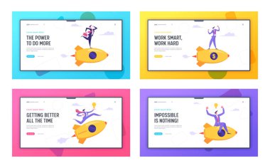 Başlangıç Yenilik Teknolojisi Web Sitesi Açılış Sayfası Seti, Yeni İş Proje Konsepti, İş Adamı Binicilik Rocket. Geliştirme, Hedef Başarı Web Sayfası. Karikatür Düz Vektör İllüstrasyon, Afiş