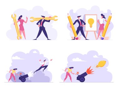 Business Idea, Technical Support, Start Up Concept Set. Woman Set on Fire Cannon with Businessman Flying Up. Career Growth, Goal Achievement, Leadership, Task Solution Cartoon Flat Vector Illustration clipart