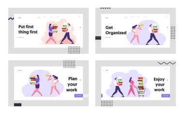 İş Yerinde Ofis Çalışanı, Yoğun Gün, Bürokrasi Web Sitesi Açılış Sayfası Seti, Erkek ve Kadın Büyük Belge Yığınları Taşıyor. İş Adamları Karakterler Web Sayfası. Karikatür Düz Vektör İllüstrasyon, Afiş