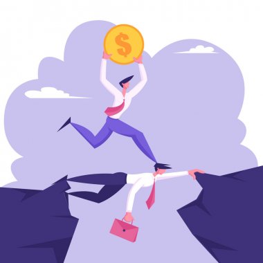 İş Adamı Kariyerci, Altın Dolar Sikke Ile Sosyal Dağcı İşadamı Meslektaşı, Yaratıcı Fikir, Challenge, Yeni Fırsat, Başarı Kavramı Karikatür Düz Vektör İllüstrasyon Başkanı Üzerinde Çalışan