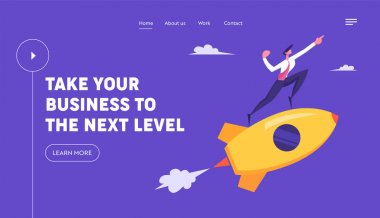 Yaratıcı Başlangıç Roket Fırlatma. İş Adamı Karakter Fly on Space Ship Point Direction Proje Geliştirme İnovasyon Kavramı Web Sitesi Açılış Sayfası, Web Sayfası. Karikatür Düz Vektör İllüstrasyon, Afiş