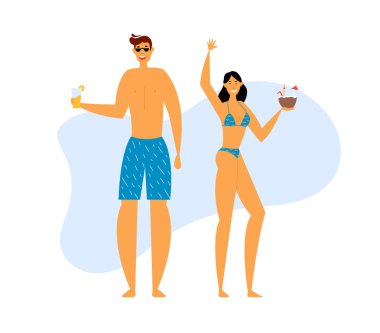 Beach Party'de mutlu bir aile. Gülümseyen Genç Adam ve Kadın Deniz Kenarında Egzotik Kokteyller Zevk. Balayı Gezisi, İnsanlar Yaz Tatilinde Eğlenin, Sevin. Karikatür Düz Vektör İllüstrasyon, Afiş