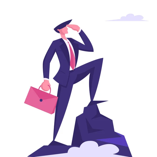 Χαρακτήρας Business Man με χαρτοφύλακα στο χέρι κοιτάζοντας σε απόσταση στην κορυφή του βουνού. Επιτυχημένος επιχειρηματίας στην κορυφή, ηγεσία, επίτευγμα στόχου, στρατηγική μάρκετινγκ κινούμενα σχέδια επίπεδη απεικόνιση — Διανυσματικό Αρχείο