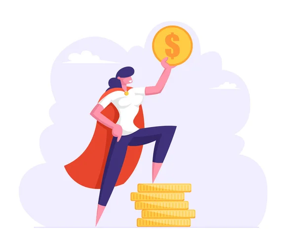 Mujer de negocios exitosa con capa de súper héroe Mantenga el dólar de oro, Stand on Stack of Gold Coins, Rich Businesswoman Character Financial Money Profit Wealth, Capital. Dibujos animados plana Vector Ilustración — Vector de stock