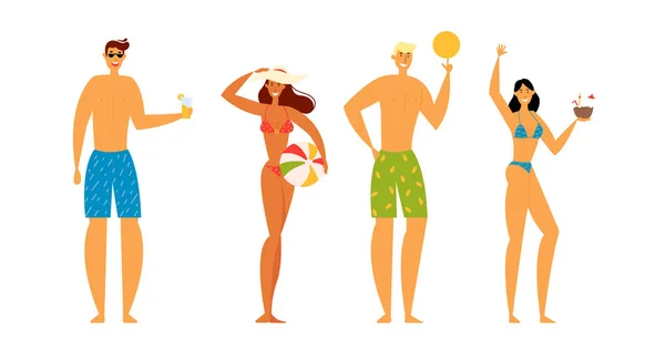 Святкування пляжного вечірки. Група щасливих молодих людей у плавати носити на літніх канікул, веселі чоловічі та жіночі персонажі радіти з коктейлями і м'ячем, діяльність на свіжому повітрі мультфільм плоский Векторна ілюстрація — стоковий вектор