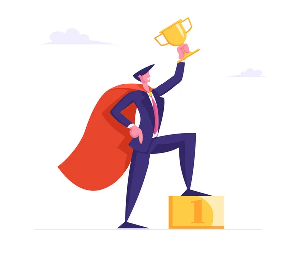 Successful Business Man in Super Hero Cape Hold Gold Goblet Stand on Golden Podium with Number One, Goal Achievement, Financial Profit Wealth. Rich Businessman Concept Cartoon Flat Vector Illustration — Stock Vector