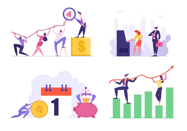 Conjunto de gráficos de crecimiento de análisis de datos, personas en fila pagando en cajeros automáticos, préstamos bancarios y pago de impuestos. Personajes de hombres y mujeres de negocios con flecha creciente, ilustración plana de vectores de dibujos animados — Archivo Imágenes Vectoriales