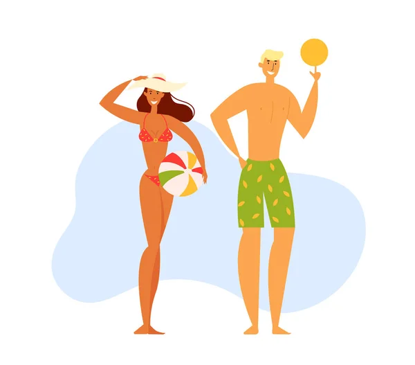 Personaggi maschili e femminili trascorrono del tempo sulla spiaggia esotica del resort, giovane ragazza abbronzata sexy in bikini e cappello, uomo sportivo in pantaloncini da nuoto che tiene palla, tempo libero, illustrazione vettoriale piatta del fumetto di estate — Vettoriale Stock