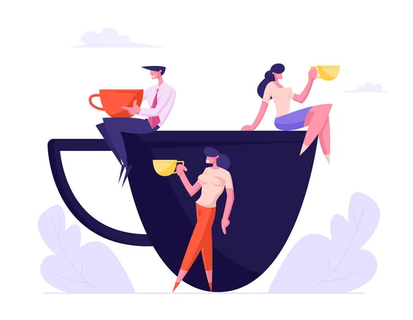 Obchodní lidé, s Mugly sedícího na obrovském poháru, kolegové, kteří mají přestávku na kávu v konferenční místnosti, přátelé konzumní nápoje po práci s přátelskou konverzací. Kreslený plochý vektor – ilustrace — Stockový vektor