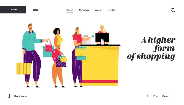 Shopping Queue in Supermarket, Personaggi Clienti con Merce in Borse Stand at Cashier Desk A pagamento per Acquisti, Consumismo Sito Web Landing Page, Pagina Web. Illustrazione vettoriale piatta del fumetto, bandiera — Vettoriale Stock