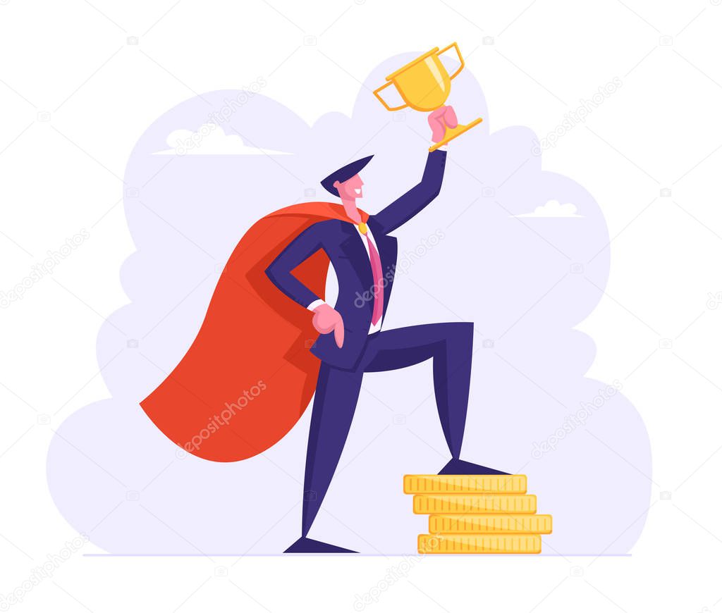 Successful Business Man in Super Hero Cape Hold Golden Cup Stand on Stack of Gold Coins, Character with Money. Financial Profit Salary Wealth. Rich Businessman Concept Cartoon Flat Vector Illustration